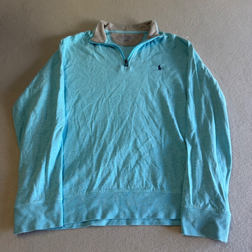 Polo Ralph Lauren Mens Large Quarter Zip Pullover Light Blue Heathered Sweater